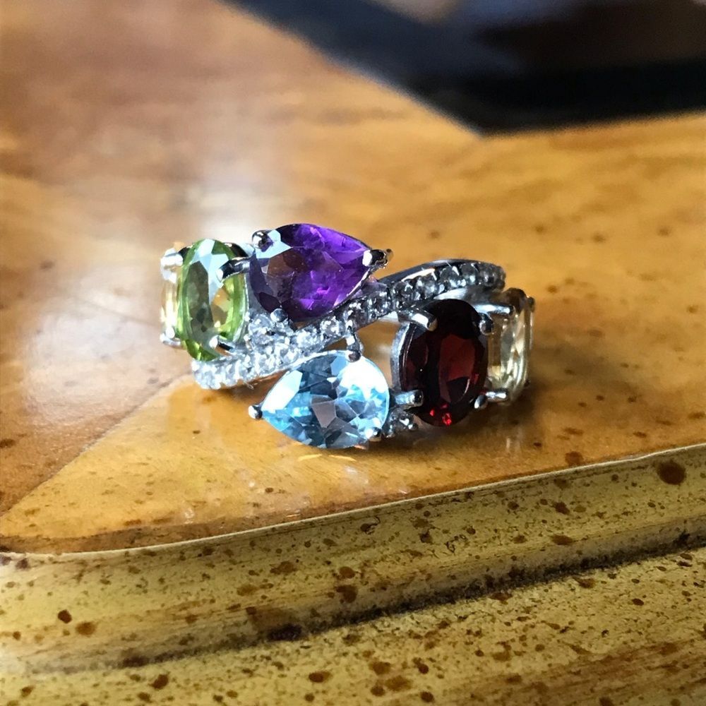 Natural Multi Gemstone Sterling Silver Ring Size 5